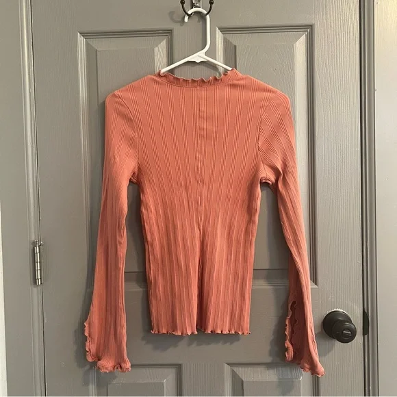 Intimately Free People Fall For You Ruffled Tie Front Ribbed Blouse Coral - Picture 8 of 9